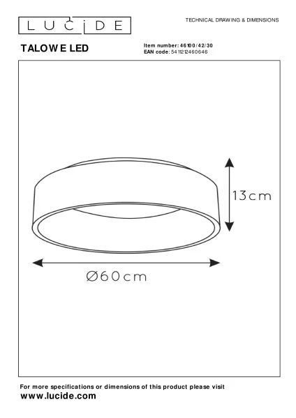 Lucide TALOWE LED - Plafonnière - Ø 60 cm - LED Dimb. - 1x42W 3000K - Zwart - technisch